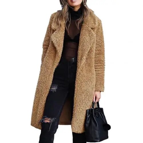 Valenzora Plush Warm Cardigan Lapel Long Sleeve Midi Coat