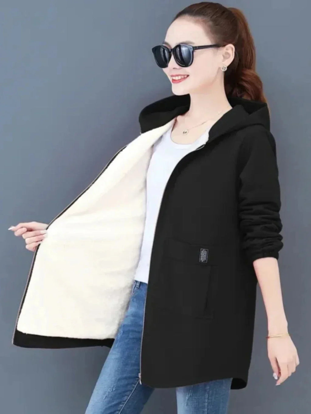 Valenzora | Damen-Kapuzenmantel – schwarze Freizeitjacke