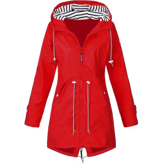 Rain jacket with hood and outer pockets