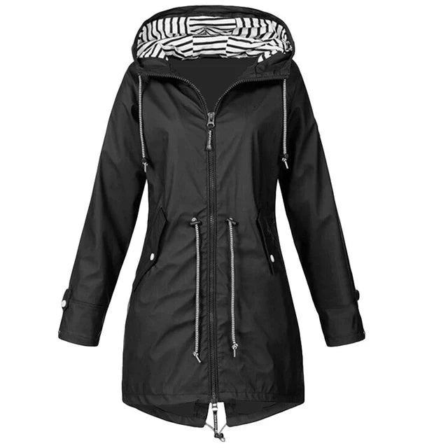 Valenzora - Women's waterproof hoodie trench coat with drawstring waist, zipper and outer pockets