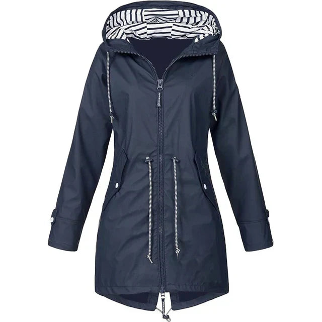 Rain jacket with hood and outer pockets