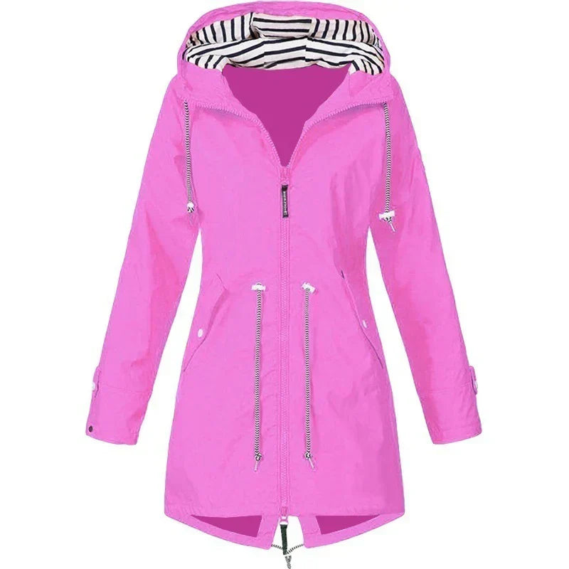 Valenzora - Women's waterproof hoodie trench coat with drawstring waist, zipper and outer pockets