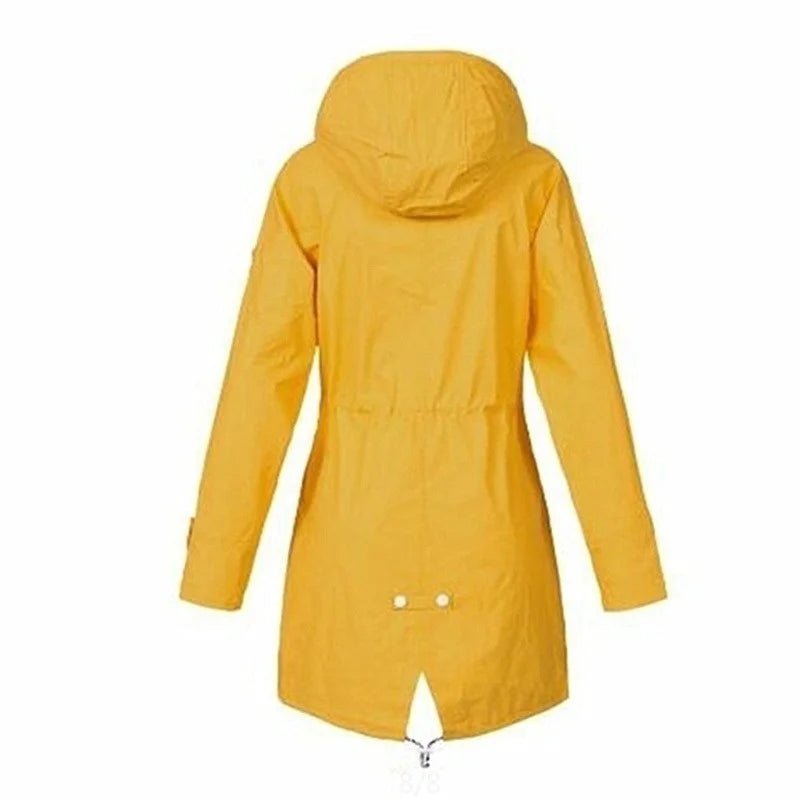 Rain jacket with hood and outer pockets