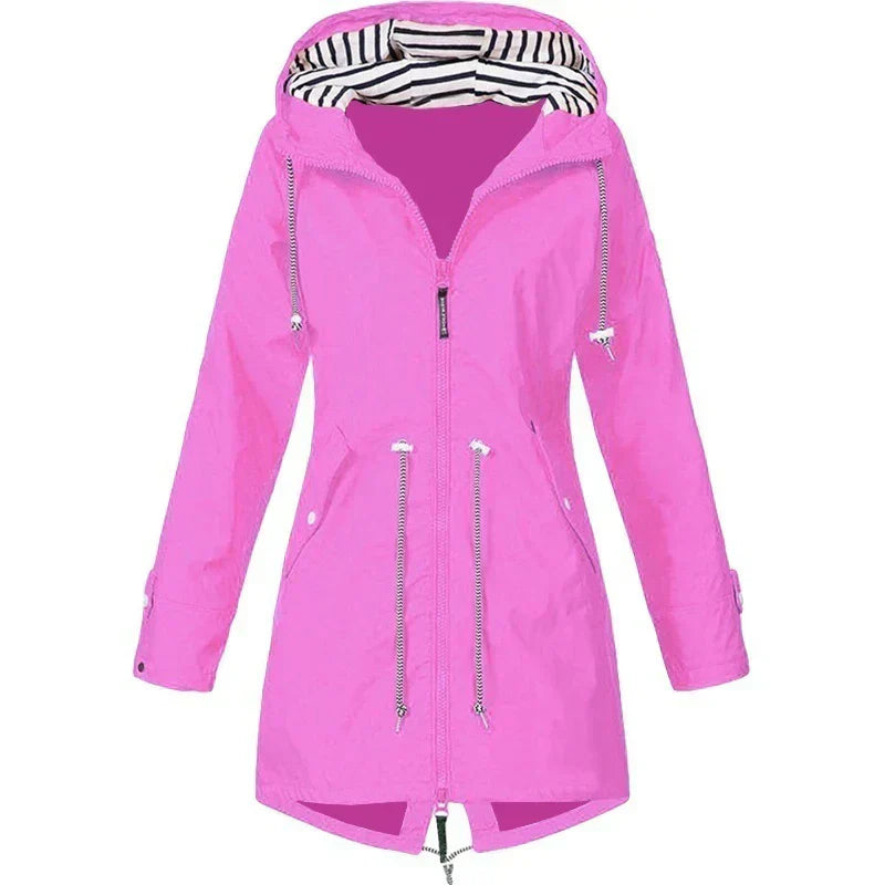 Rain jacket with hood and outer pockets