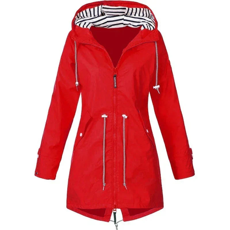 Valenzora - Women's waterproof hoodie trench coat with drawstring waist, zipper and outer pockets