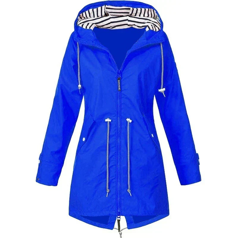 Rain jacket with hood and outer pockets