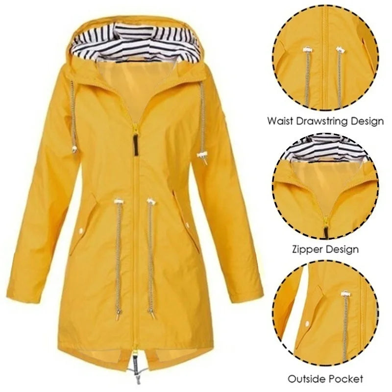 Valenzora - Women's waterproof hoodie trench coat with drawstring waist, zipper and outer pockets