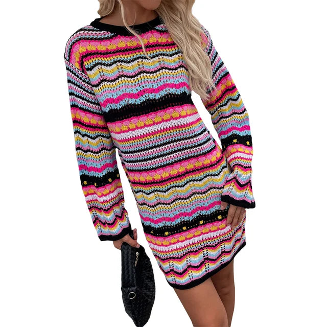 Valenzora | Designer Bohemian striped knit and crochet sweater dress