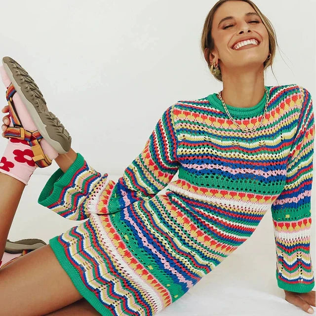 Valenzora | Designer Bohemian striped knit and crochet sweater dress