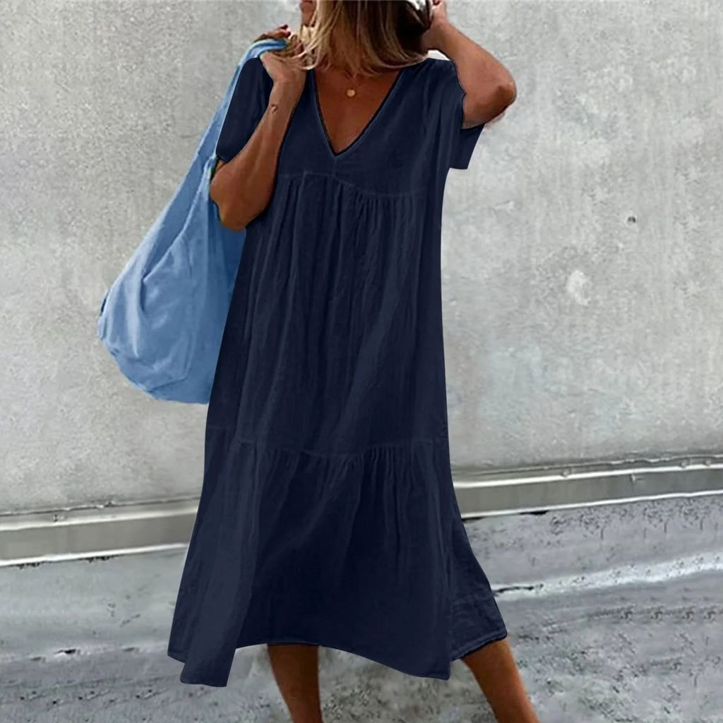 Valenzora | Women's casual dress with V-neck and simple handbag