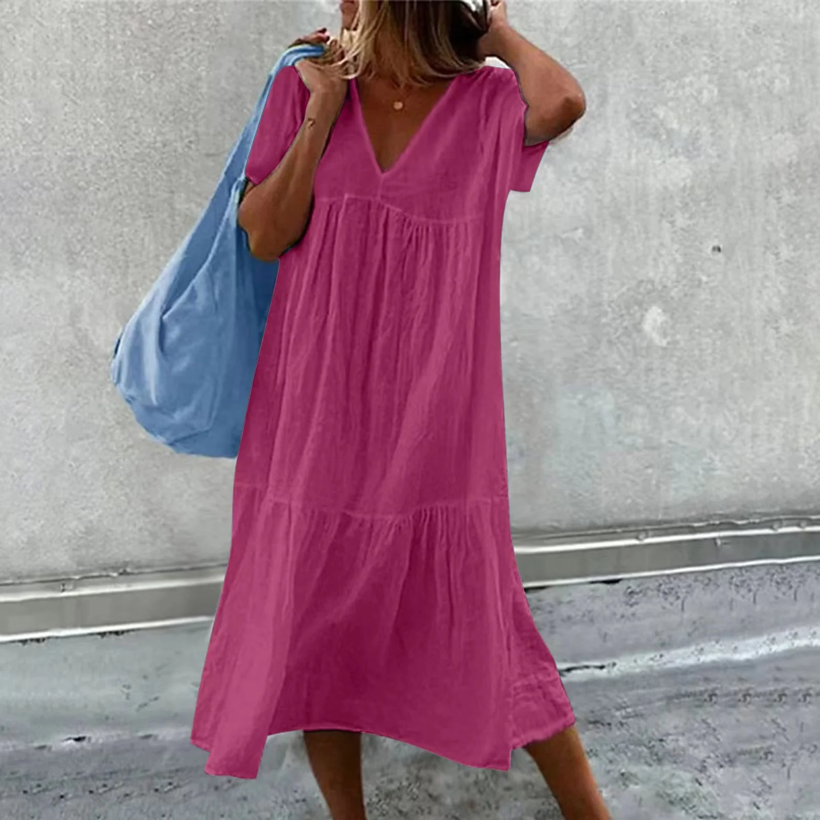 Valenzora | Women's casual dress with V-neck and simple handbag