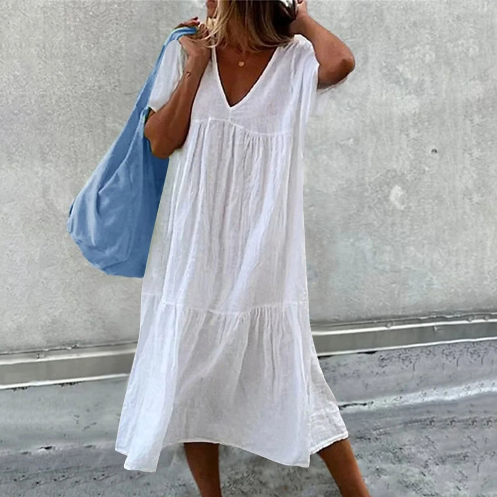 Valenzora | Women's casual dress with V-neck and simple handbag