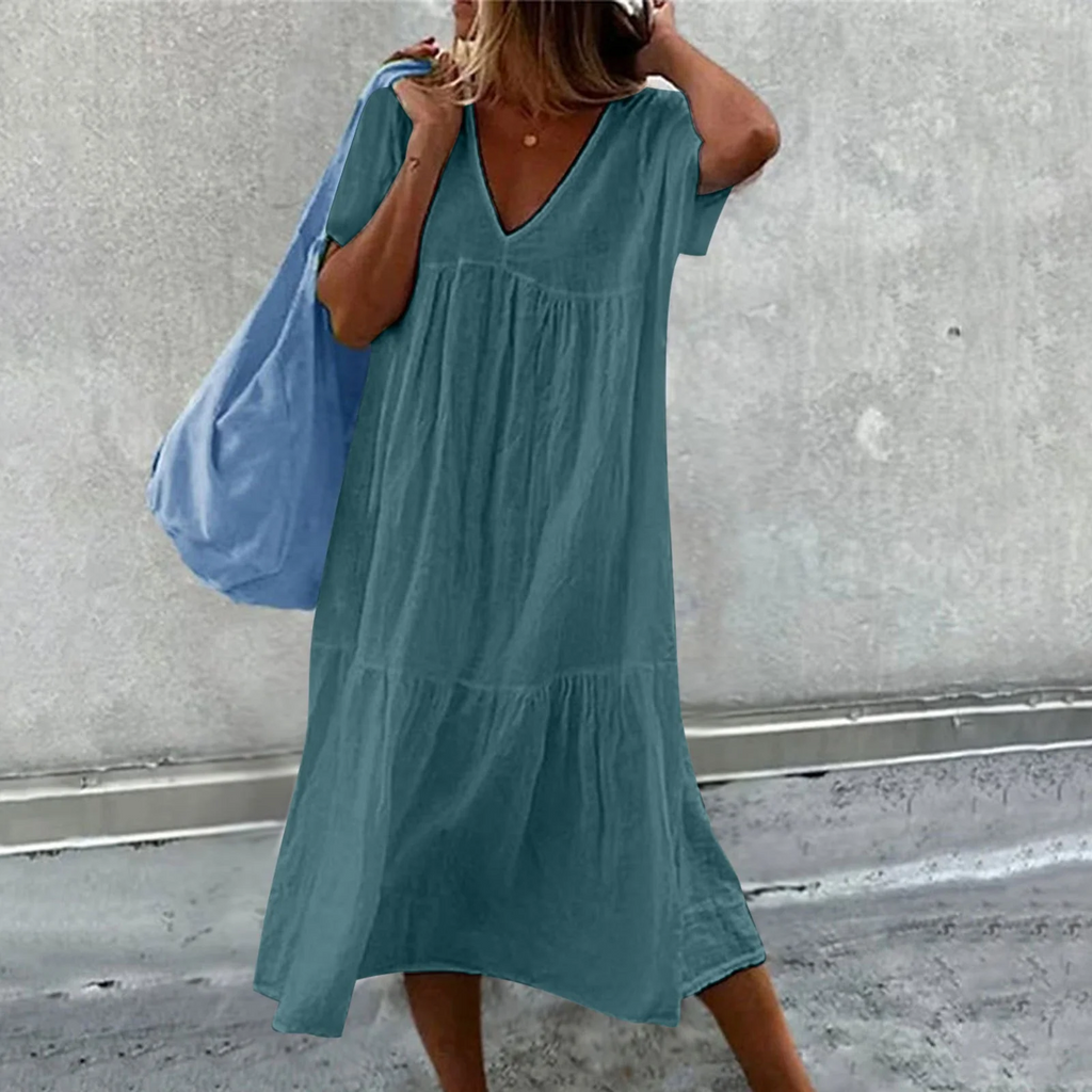 Valenzora | Women's casual dress with V-neck and simple handbag