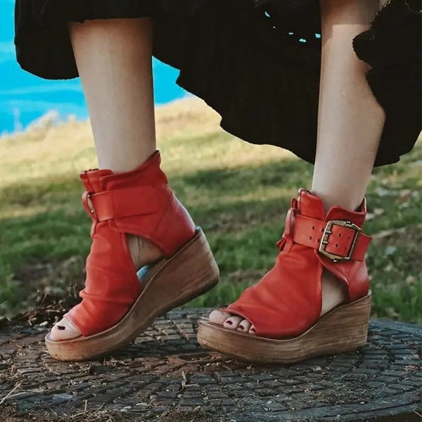 Valenzora | Open High Top Sandals with Wedge Heel and Buckle for Women