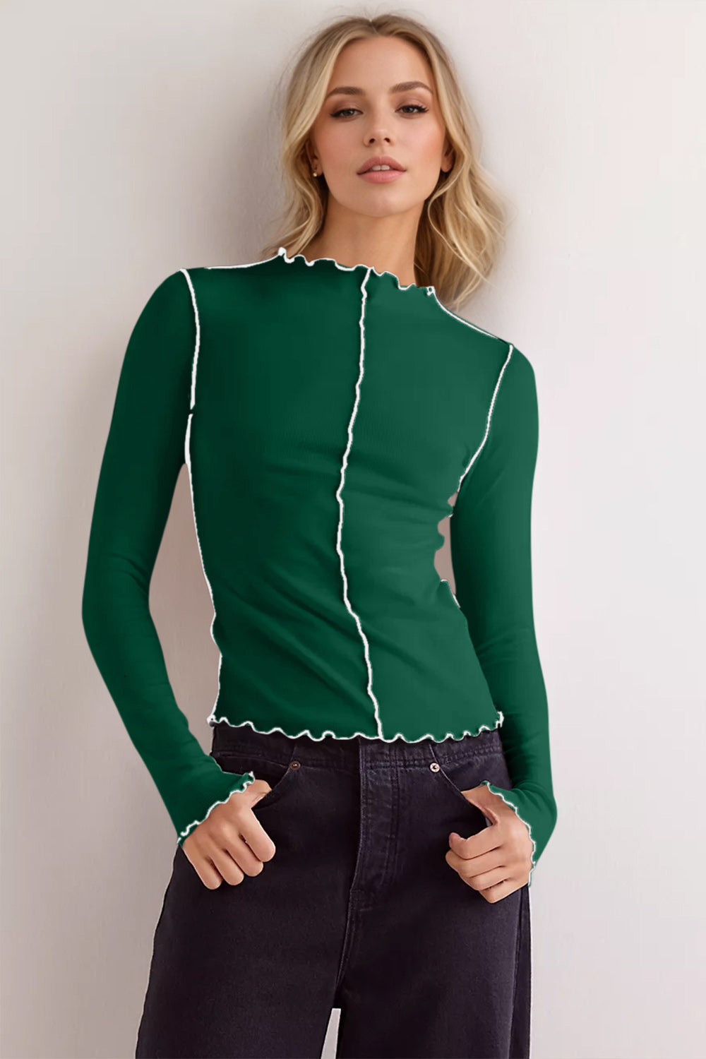 Valenzora | Basic Bae Contrast Trim Mock Neck Long Sleeve T-Shirt