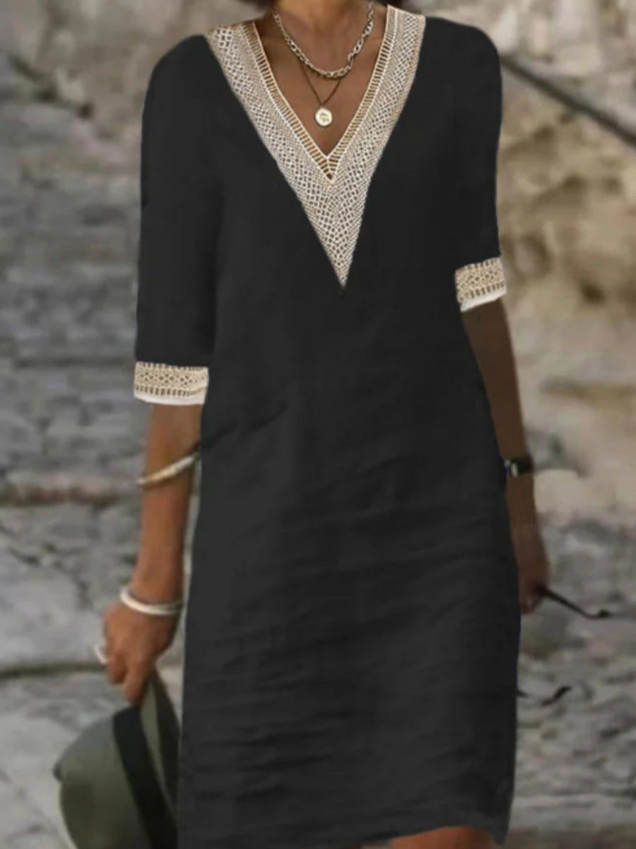 Valenzora | Simple cotton linen dress with V-neck and half sleeves