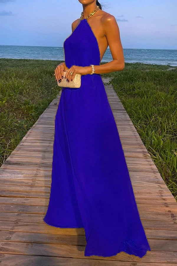 Valenzora | Sunny In Santorini Chain Halter Backless A-Line Holiday Maxi Dress