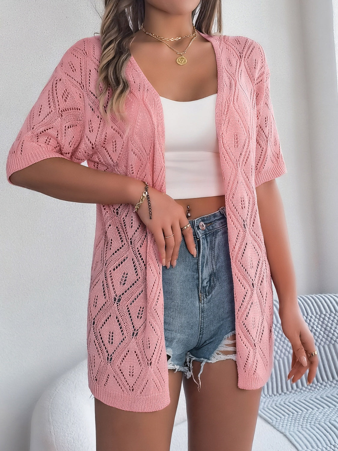 Valenzora | Open-front, open-cut, short-sleeved cardigan