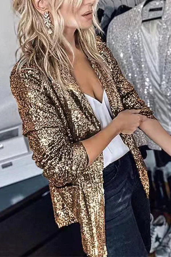Valenzora | Damen Pailletten-Blazer mit langen Ärmeln und Revers