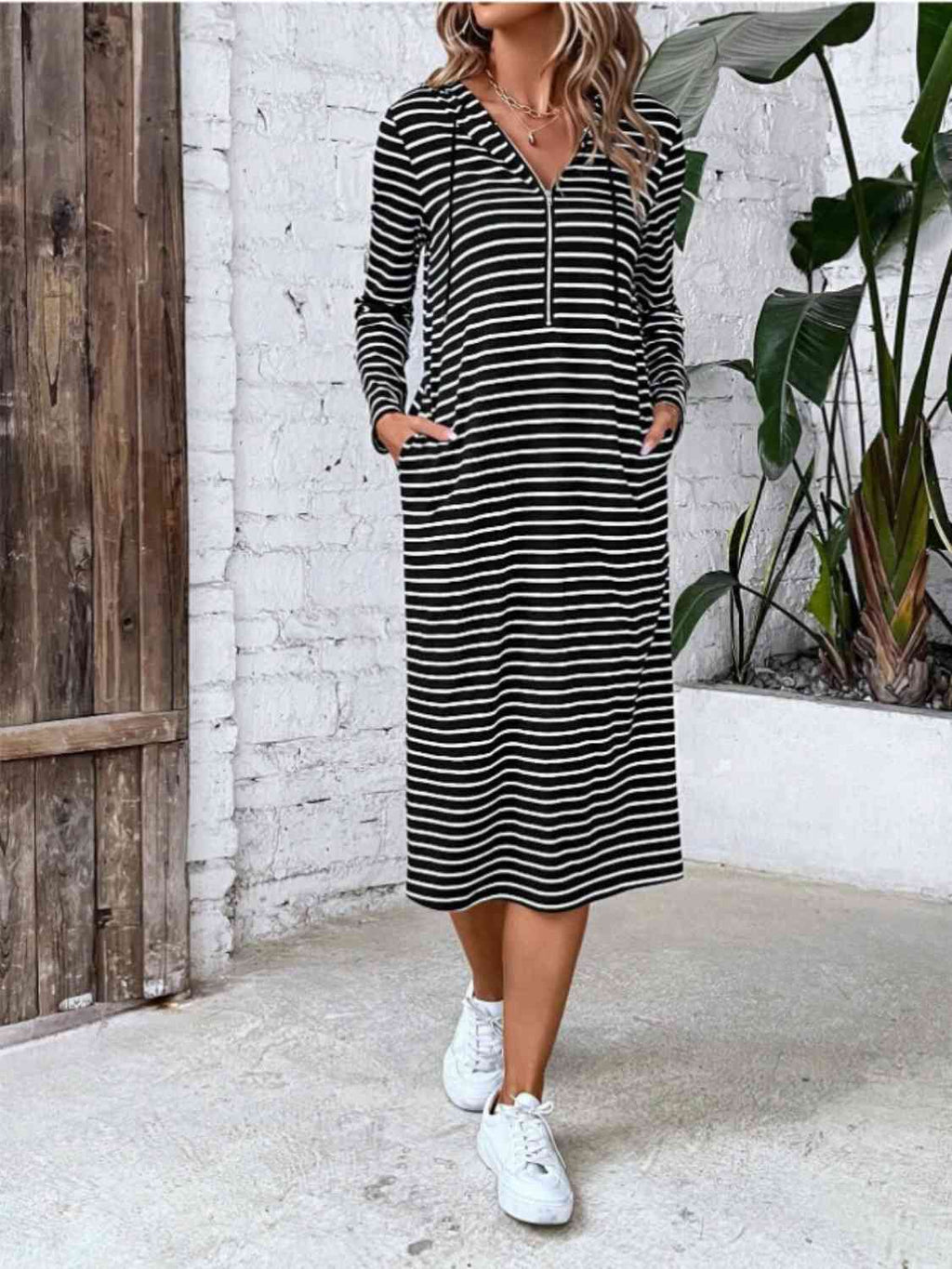 Valenzora | Striped Zip-Front Hooded Dress