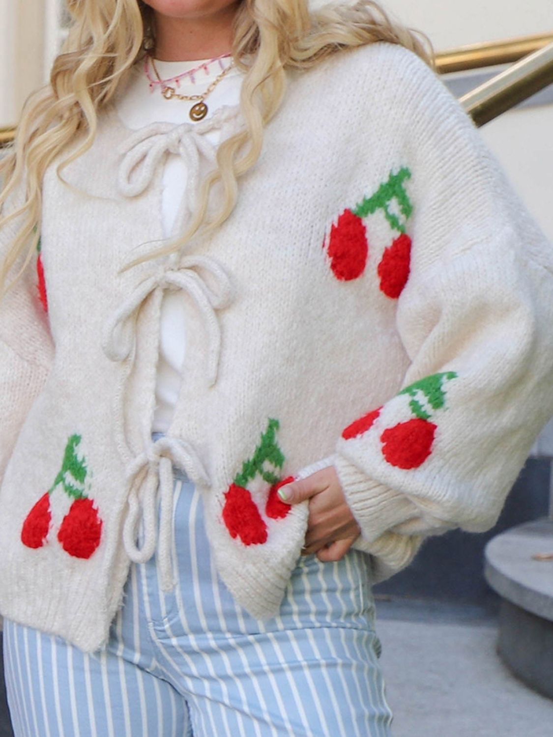 Valenzora | Bound Cherry Round Neck Long Sleeve Cardigan
