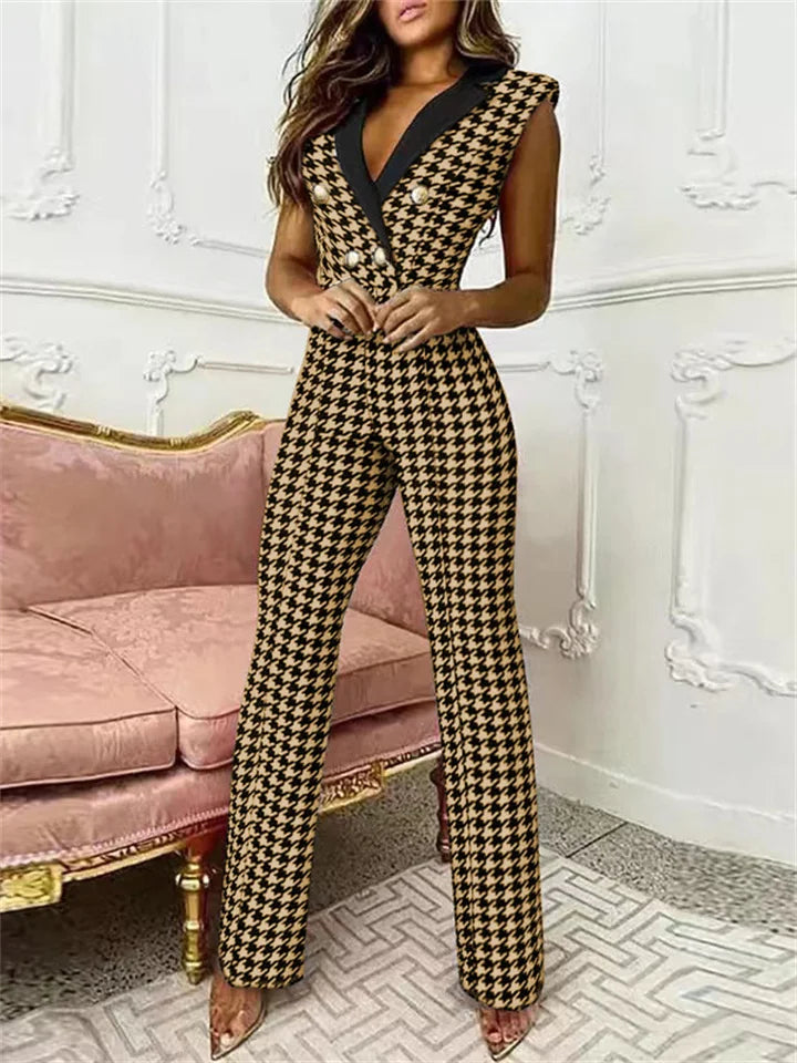 Valenzora | Jumpsuit with V-neck and pied-de-poule print | Trendy and elegant