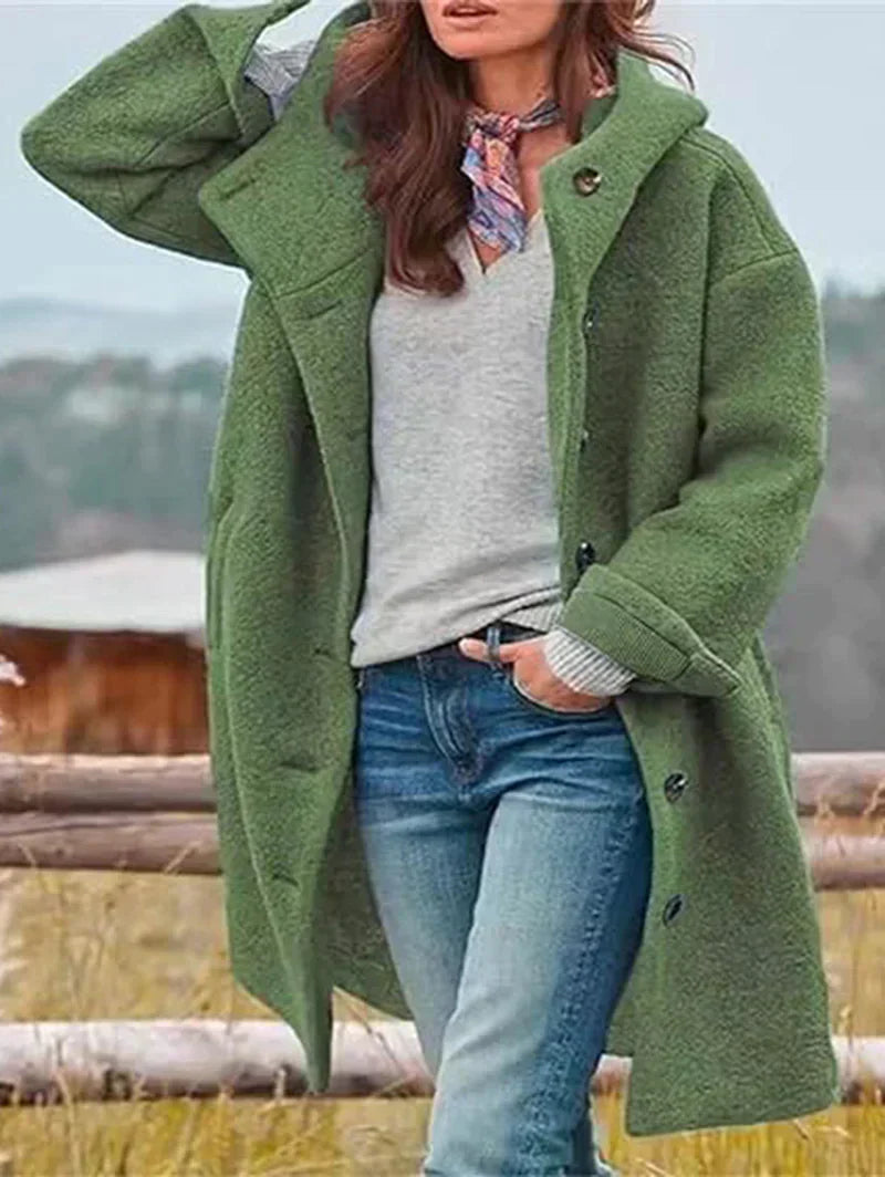Long-sleeved, single-breasted, loose-fitting coat with a turn-down collar