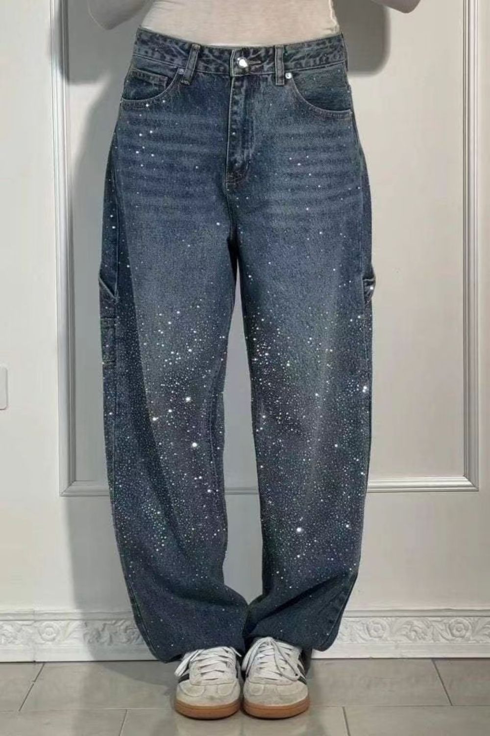 Valenzora | Women's Washed Jeans with Rhinestone Details, Wide Fit