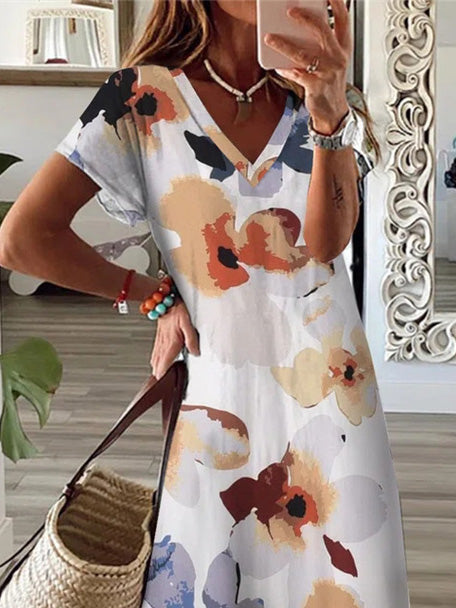 Valenzora | Women's Floral Print V-Neck Short Sleeve Slit Dress