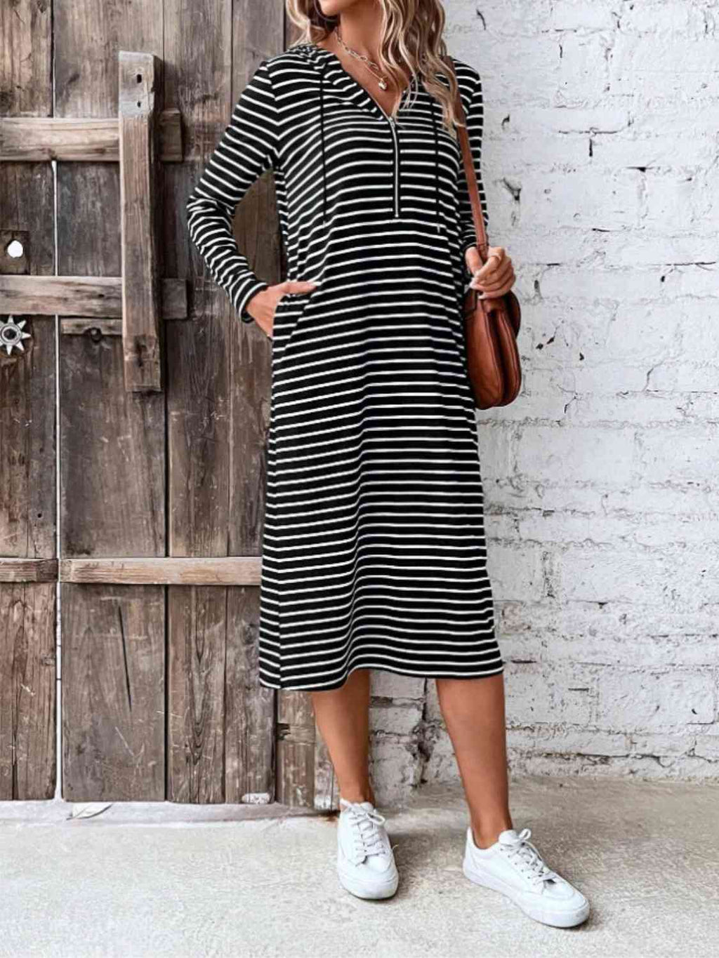 Valenzora | Striped Zip-Front Hooded Dress