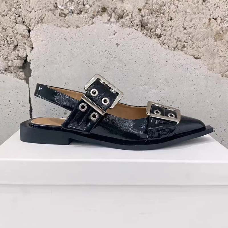 Valenzora | Pointed toe belt buckle mules leather flat sandals