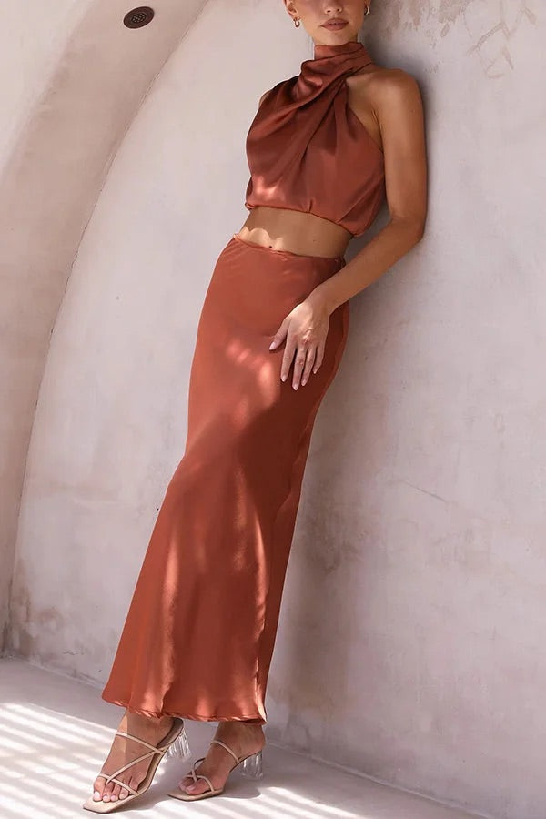 Valenzora | Such a mood High-necked satin draped maxi skirt set