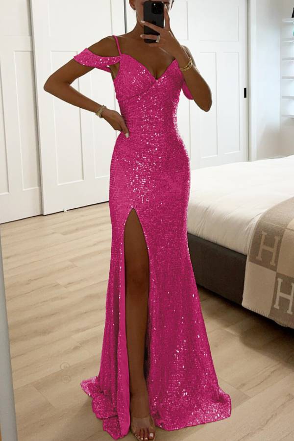 Valenzora | Sequined Lace Mermaid Prom Dresses with Slit Off-Shoulder Evening Dress