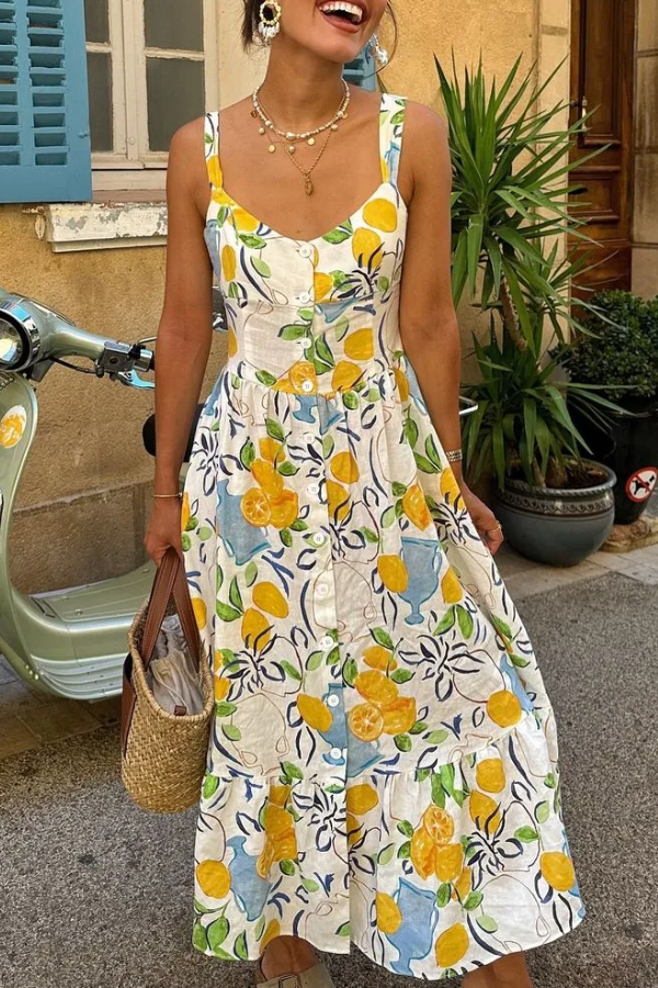Valenzora | Linen blend printed midi dress