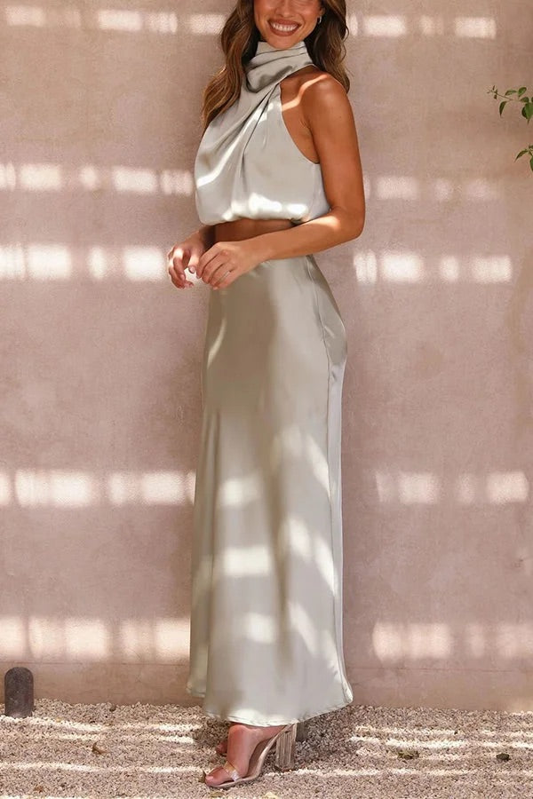 Valenzora | Such a mood High-necked satin draped maxi skirt set
