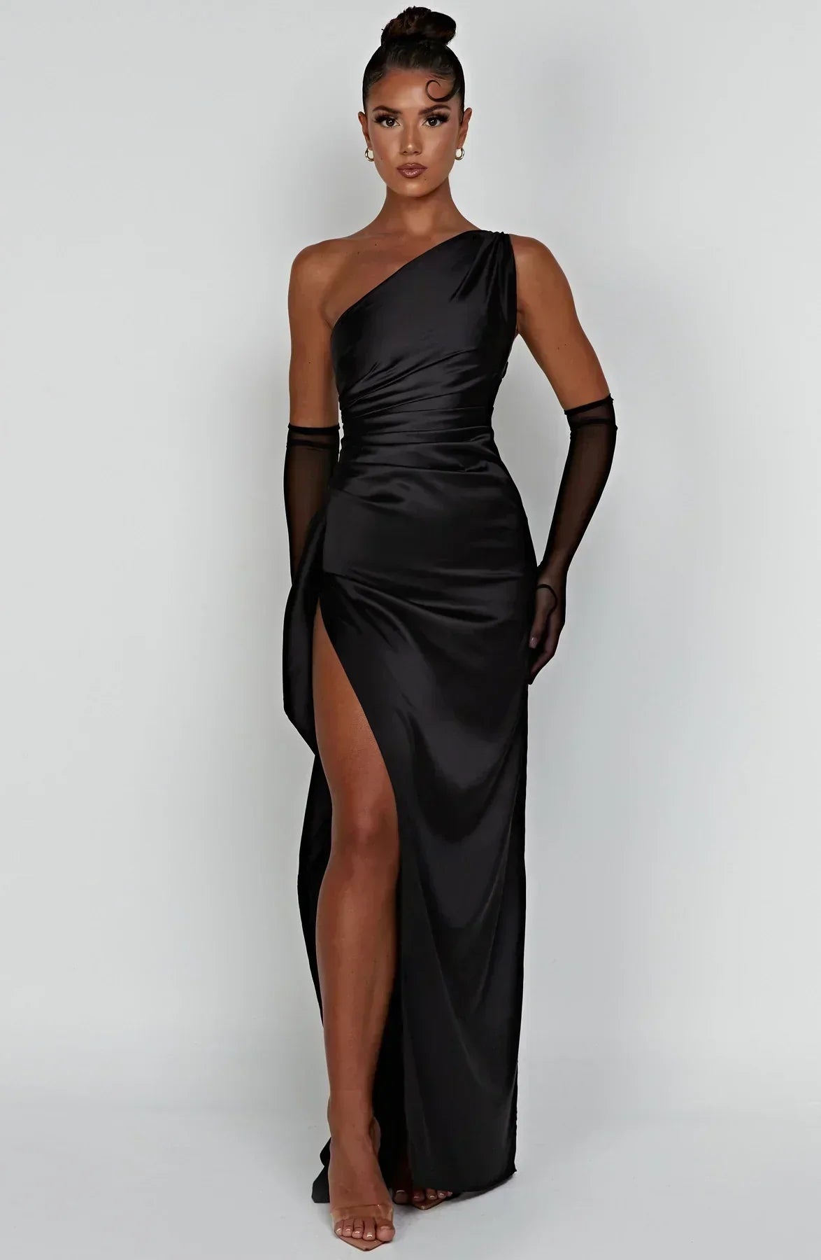 Valenzora | Elegant One Shoulder Satin Split Dress