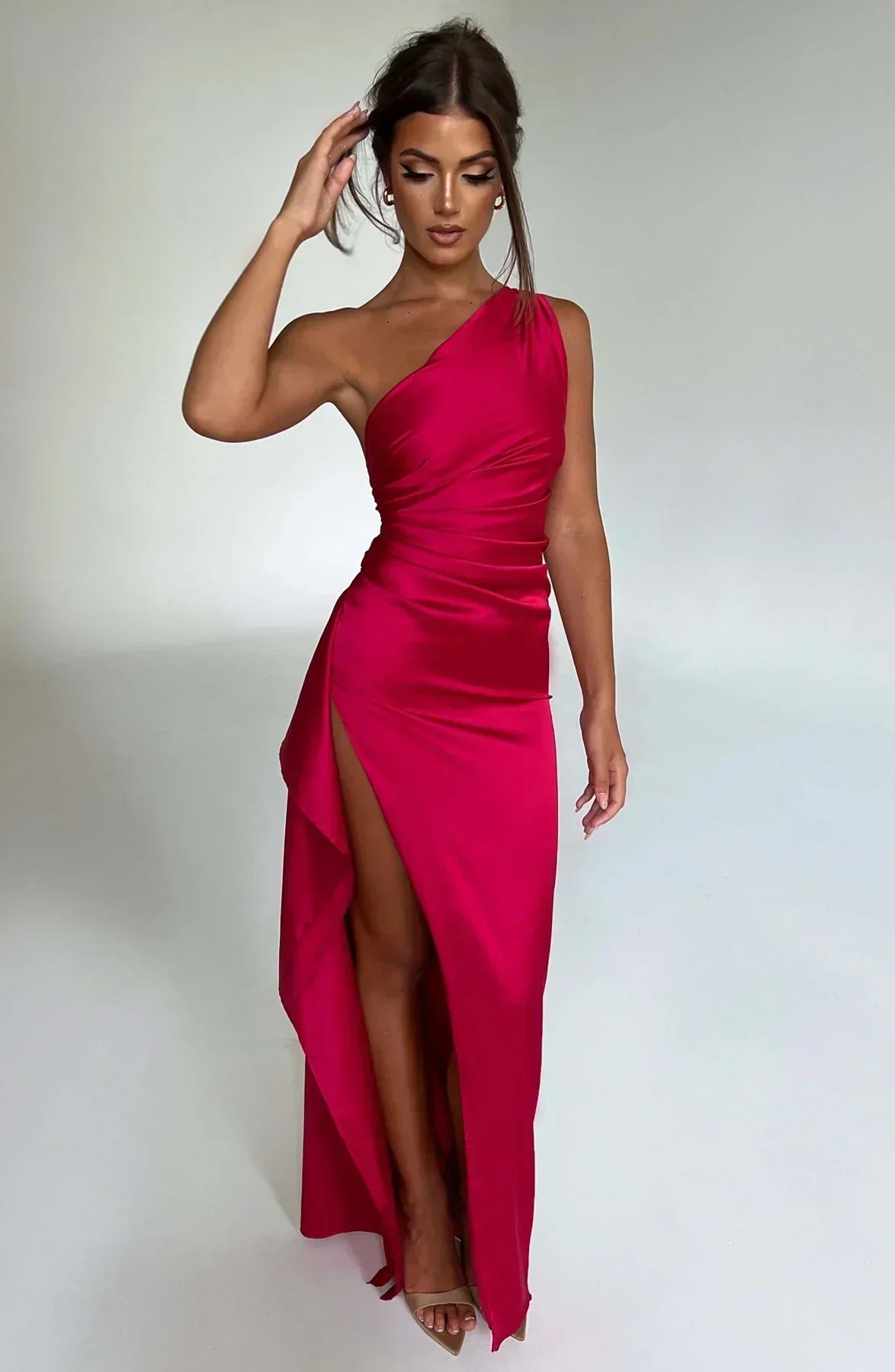 Valenzora | Elegant One Shoulder Satin Split Dress