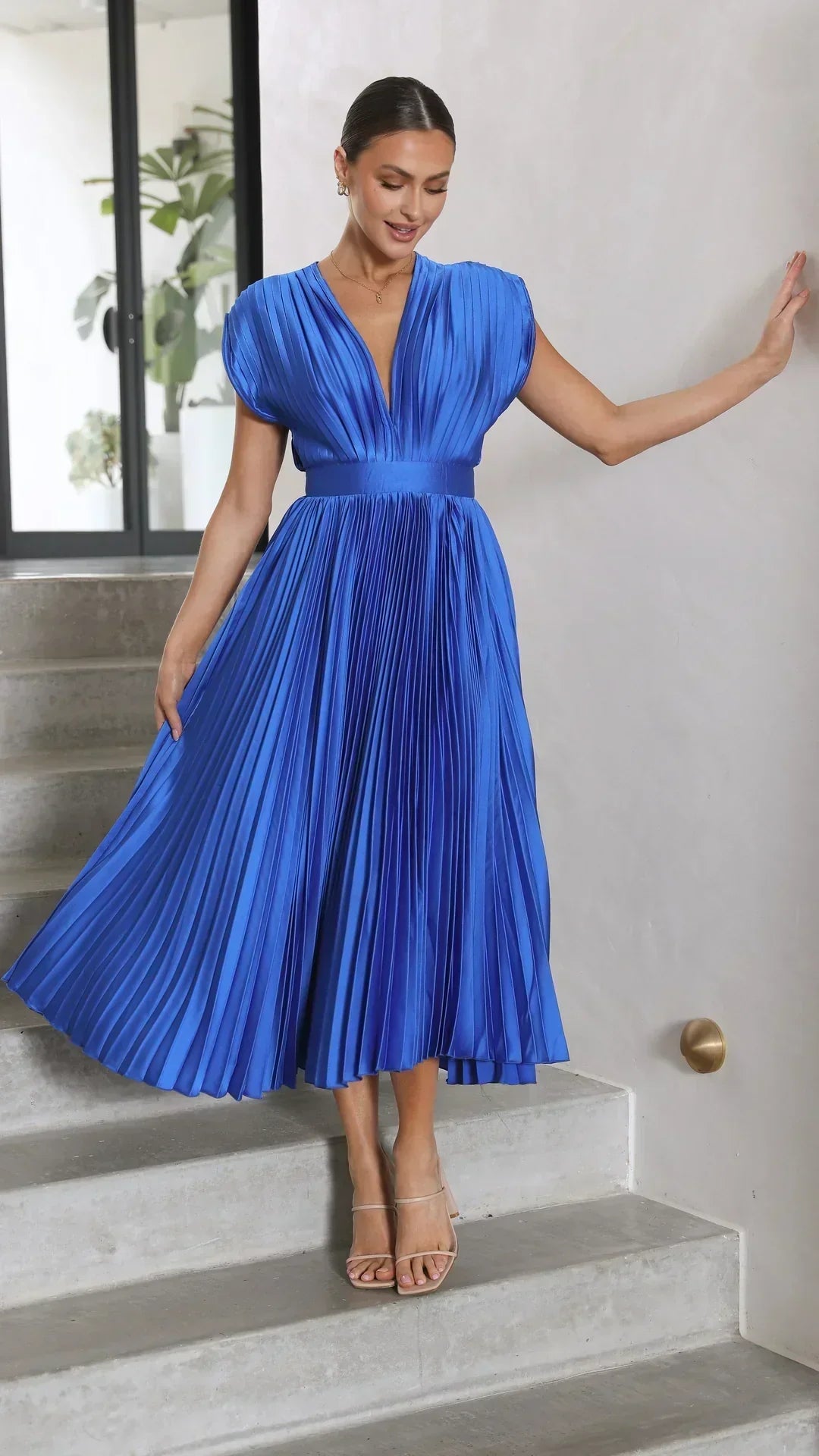 Valenzora | Pleated Plunge Midi Dress