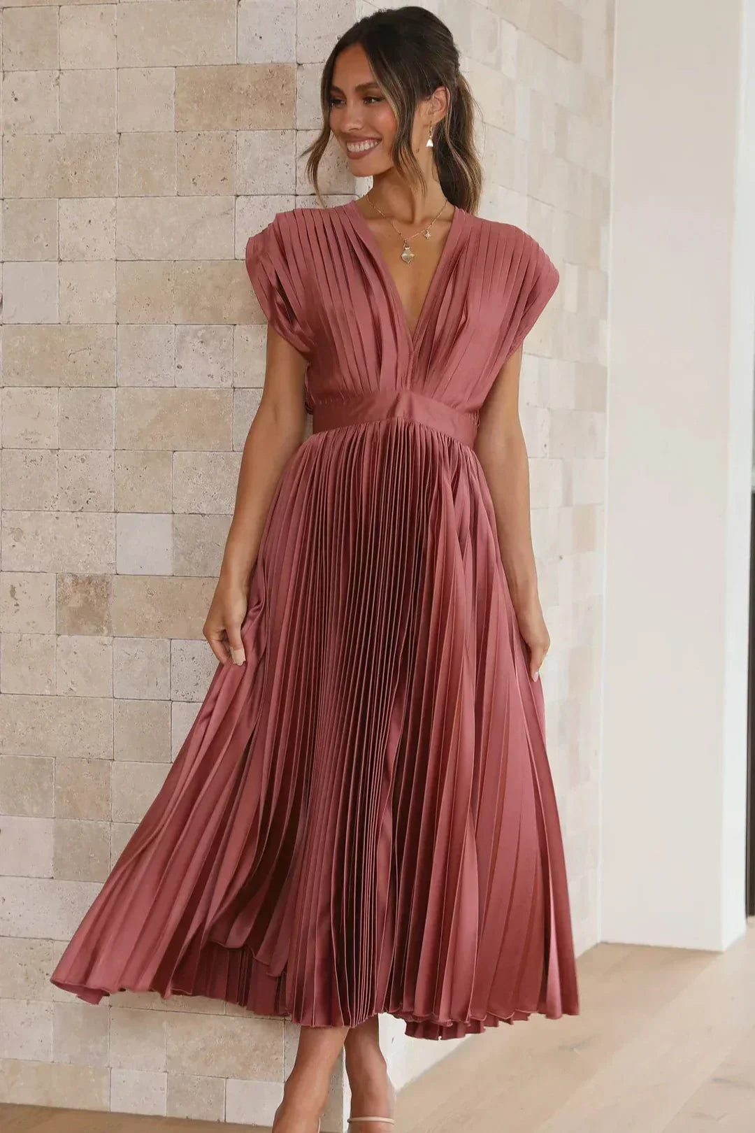 Valenzora | Pleated Plunge Midi Dress
