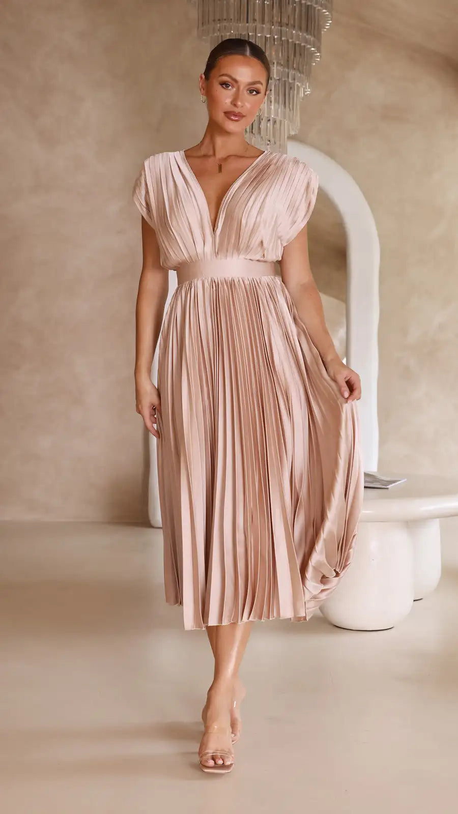 Valenzora | Pleated Plunge Midi Dress
