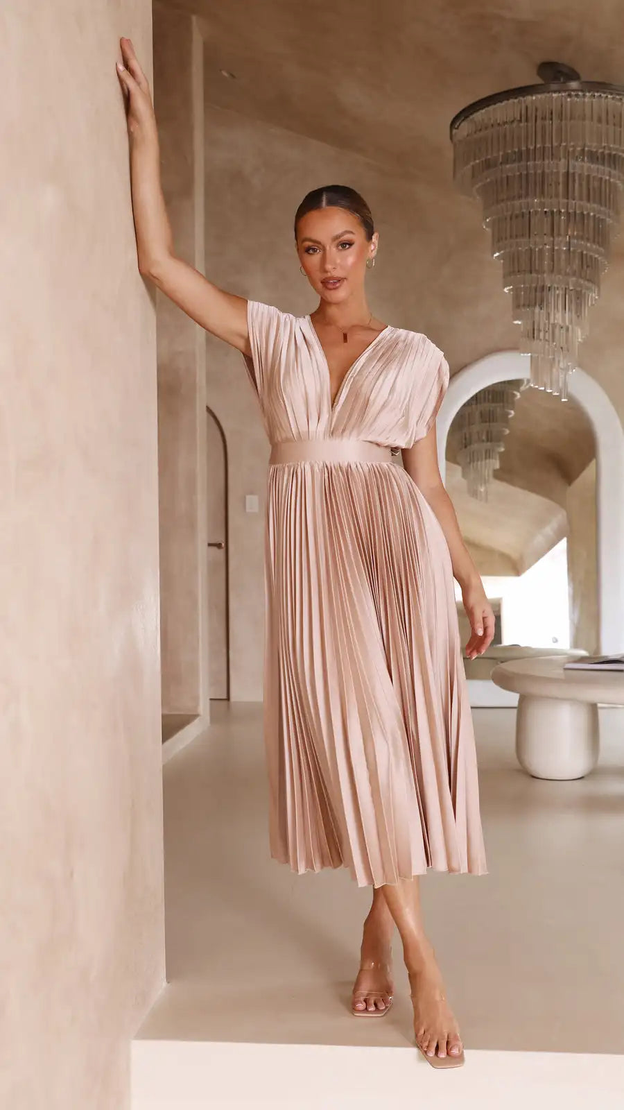 Valenzora | Pleated Plunge Midi Dress