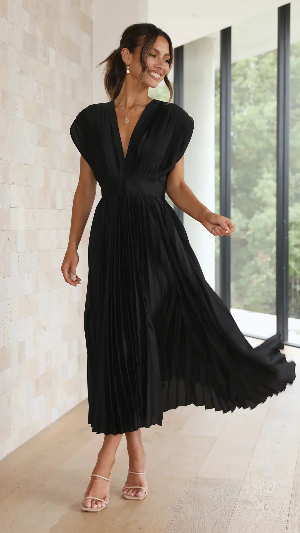 Valenzora | Pleated Plunge Midi Dress