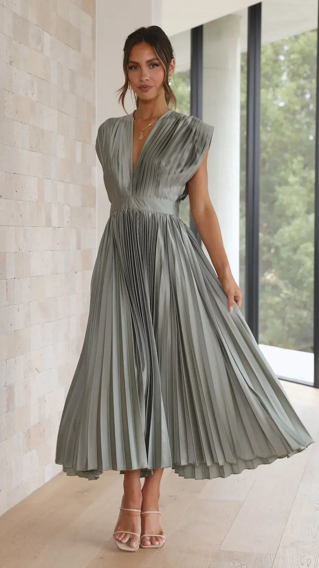 Valenzora | Pleated Plunge Midi Dress
