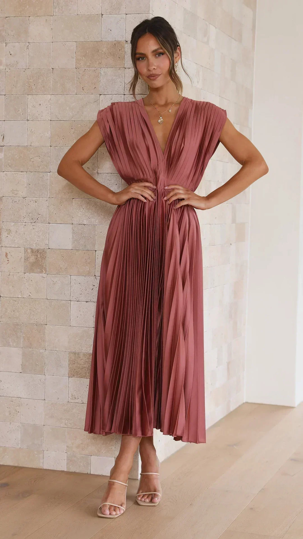 Valenzora | Pleated Plunge Midi Dress