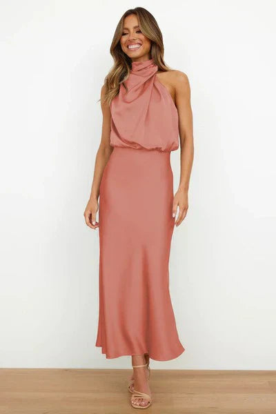 Valenzora | Elegant Halter Midi Dress for Women with High Neck and Satin Look
