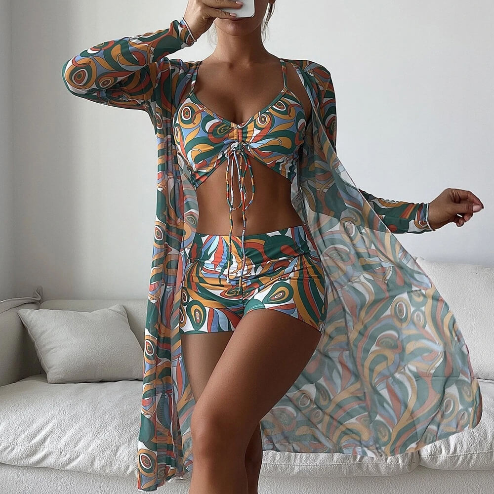 Valenzora | Athletic Printed Boyshort Bralette Brazilian Three-Piece Bikini Swimsuit
