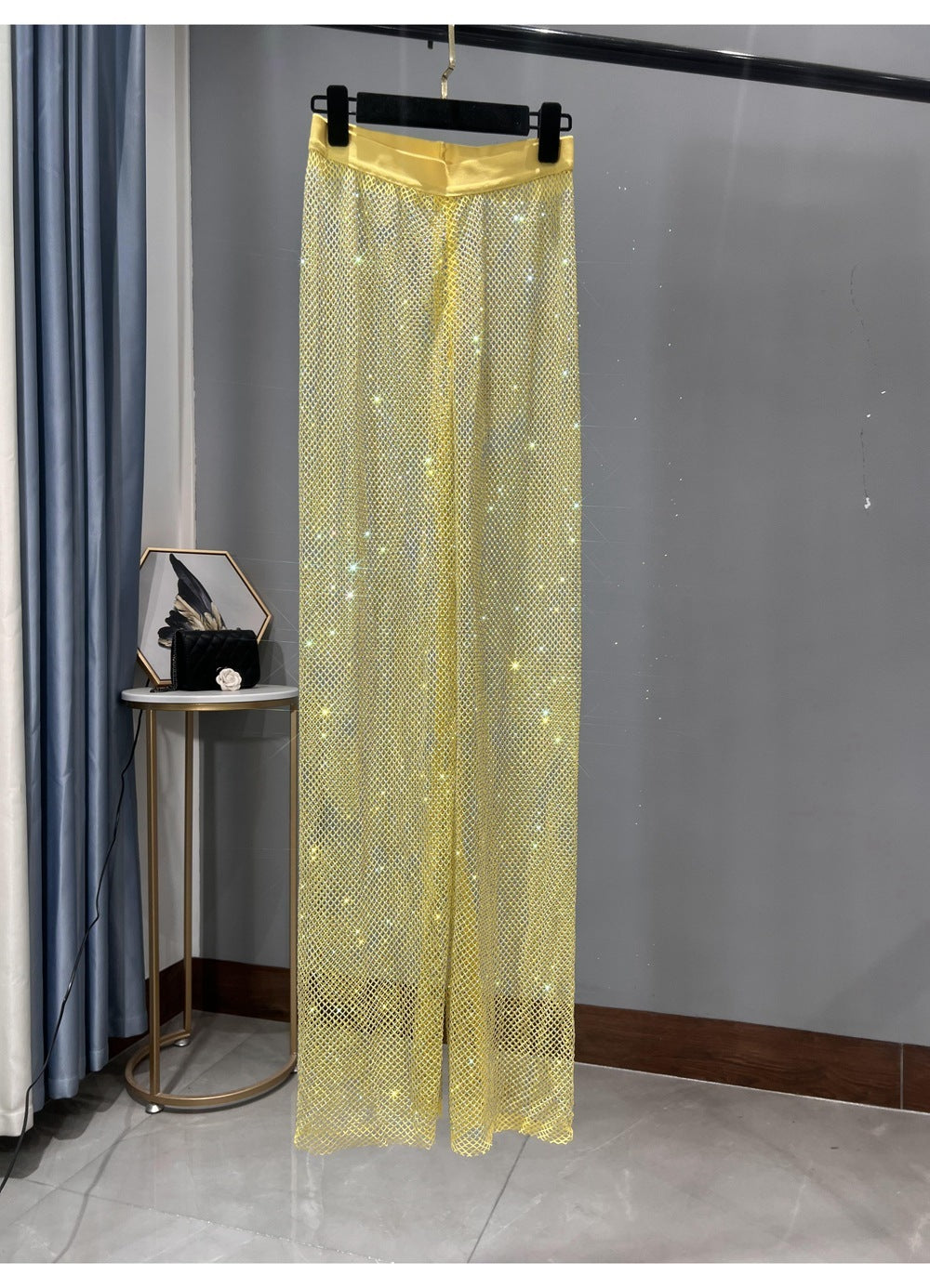 Valenzora | Rhinestone Straight Mesh Wide Leg Slim Fit Flattering Mop Pants