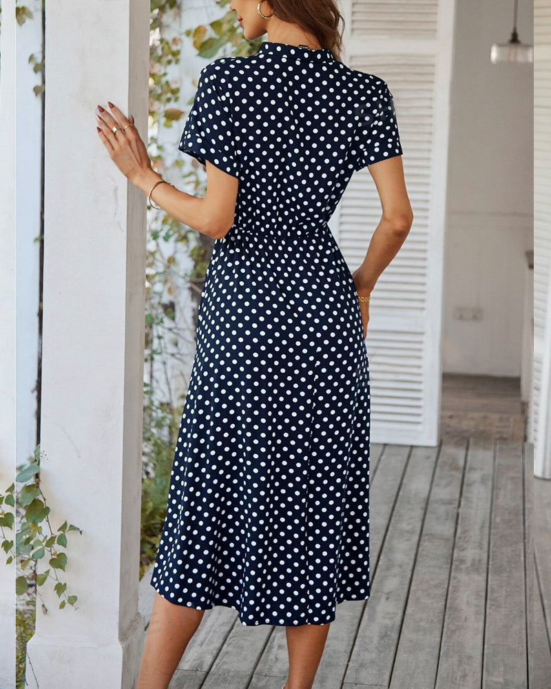Valenzora | Dress with polka dot drawstring and button placket