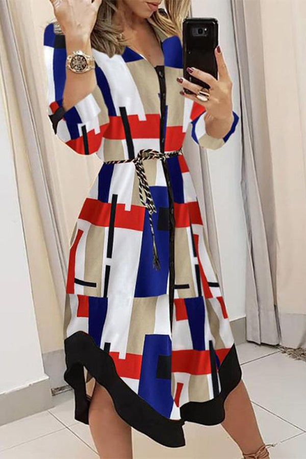 Valenzora | Find Yourself Good Printed Belt Shirt Midi Dress