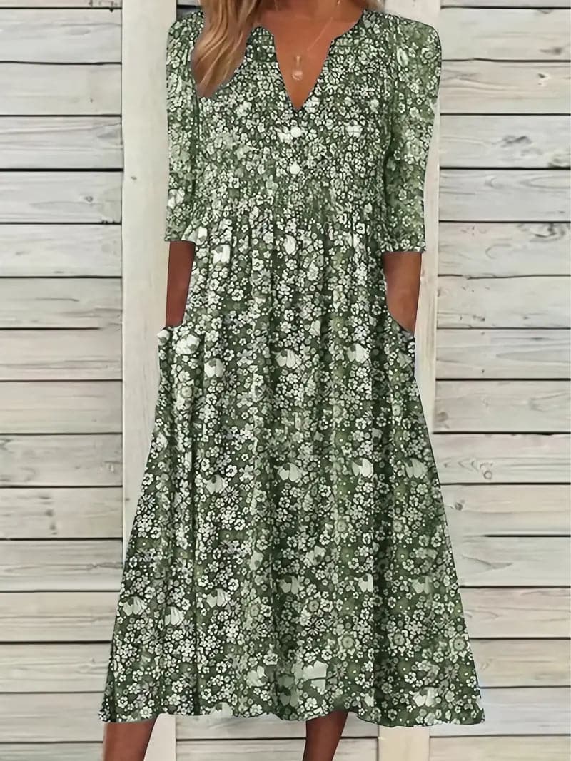 Valenzora | Midikleid, A-Linie, V-Ausschnitt, 3/4-Ärmel, Blumenmuster
